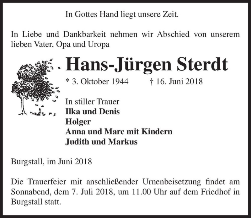  Traueranzeige für Hans-Jürgen Sterdt  vom 23.06.2018 aus Magdeburger Volksstimme