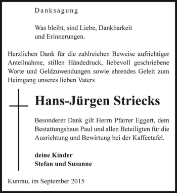 Traueranzeige von Hans-Jürgen Striecks  von Magdeburger Volksstimme