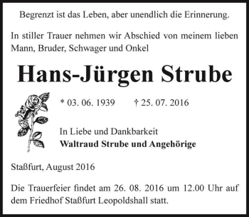 Traueranzeige von Hans-Jürgen Strube  von Magdeburger Volksstimme