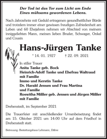 Traueranzeige von Hans-Jürgen Tanke  von Magdeburger Volksstimme