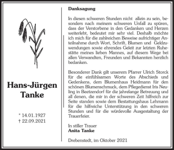 Traueranzeige von Hans-Jürgen Tanke  von Magdeburger Volksstimme