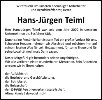 Traueranzeige von Hans-Jürgen Teiml  von Magdeburger Volksstimme