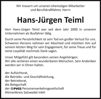 Traueranzeige von Hans-Jürgen Teiml  von Magdeburger Volksstimme