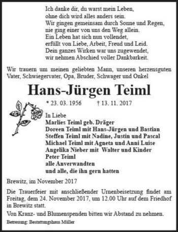 Traueranzeige von Hans-Jürgen Teiml  von Magdeburger Volksstimme