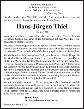 Traueranzeige von Hans-Jürgen Thiel  von Magdeburger Volksstimme
