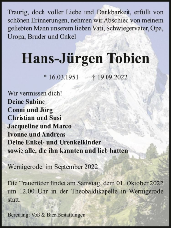 Traueranzeige von Hans-Jürgen Tobien  von Magdeburger Volksstimme