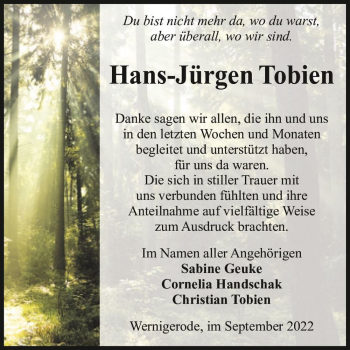 Traueranzeige von Hans-Jürgen Tobien  von Magdeburger Volksstimme