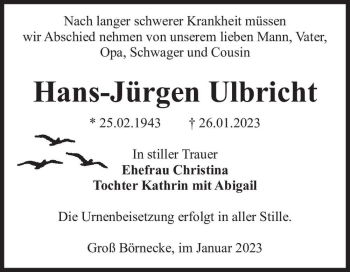 Traueranzeige von Hans-Jürgen Ulbricht  von Magdeburger Volksstimme