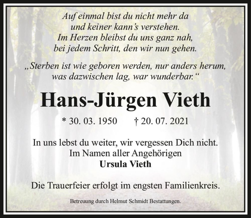  Traueranzeige für Hans-Jürgen Vieth  vom 24.07.2021 aus Magdeburger Volksstimme