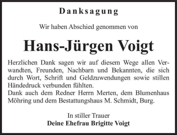 Traueranzeige von Hans-Jürgen Voigt  von Magdeburger Volksstimme