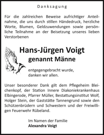 Traueranzeige von Hans-Jürgen Voigt (genannt Männe)  von Magdeburger Volksstimme