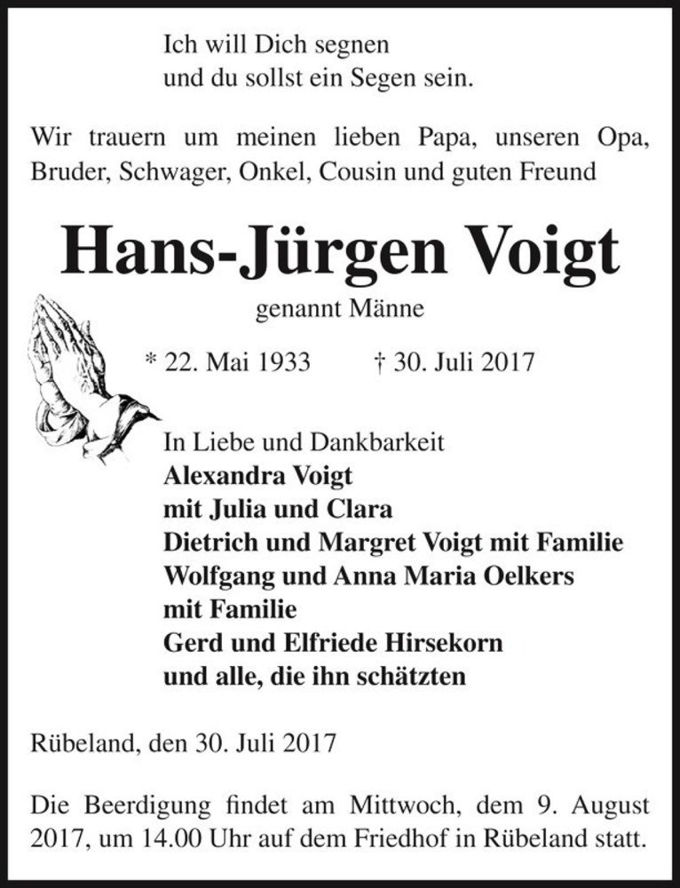  Traueranzeige für Hans-Jürgen Voigt genannt Männe  vom 05.08.2017 aus Magdeburger Volksstimme