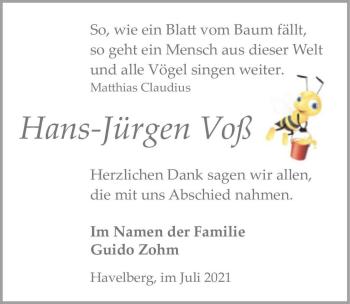 Traueranzeige von Hans-Jürgen Voß  von Magdeburger Volksstimme