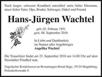 Traueranzeige von Hans-Jürgen Wachtel  von Magdeburger Volksstimme