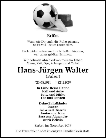 Traueranzeige von Hans-Jürgen Walter (Bulzer)  von Magdeburger Volksstimme