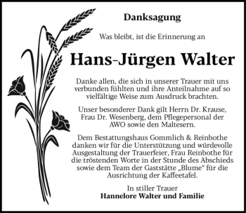 Traueranzeige von Hans-Jürgen Walter  von Magdeburger Volksstimme