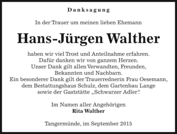 Traueranzeige von Hans-Jürgen Walther  von Magdeburger Volksstimme