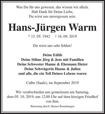 Traueranzeige von Hans-Jürgen Warm  von Magdeburger Volksstimme
