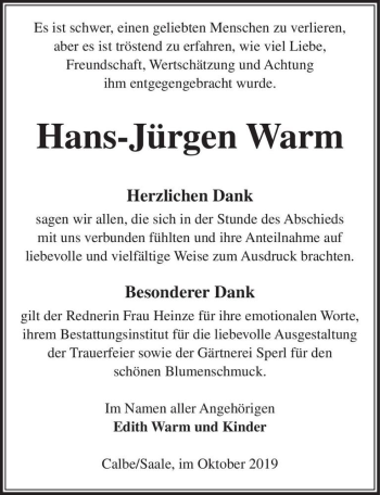 Traueranzeige von Hans-Jürgen Warm  von Magdeburger Volksstimme