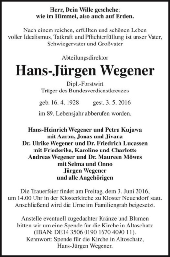 Traueranzeige von Hans-Jürgen Wegener  von Magdeburger Volksstimme