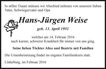 Traueranzeige von Hans-Jürgen Weise  von Magdeburger Volksstimme