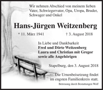 Traueranzeige von Hans-Jürgen Weitzenberg  von Magdeburger Volksstimme