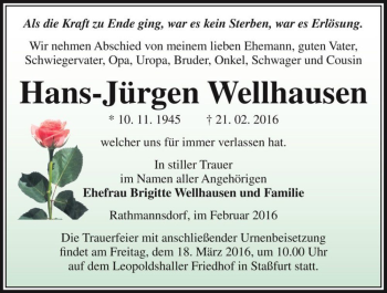 Traueranzeige von Hans-Jürgen Wellhausen  von Magdeburger Volksstimme