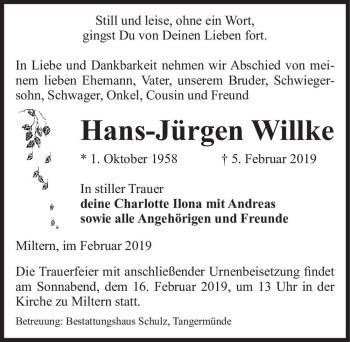 Traueranzeige von Hans-Jürgen Willke  von Magdeburger Volksstimme