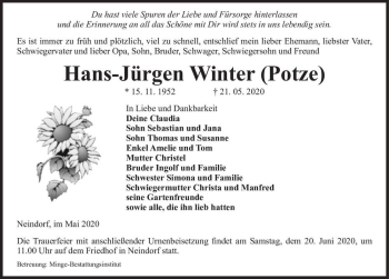 Traueranzeige von Hans-Jürgen Winter (Potze)  von Magdeburger Volksstimme