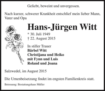 Traueranzeige von Hans-Jürgen Witt  von Magdeburger Volksstimme