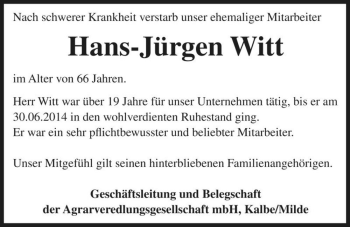 Traueranzeige von Hans-Jürgen Witt  von Magdeburger Volksstimme