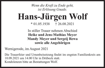 Traueranzeige von Hans-Jürgen Wolf  von Magdeburger Volksstimme