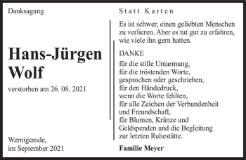 Traueranzeige von Hans-Jürgen Wolf  von Magdeburger Volksstimme