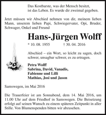 Traueranzeige von Hans-Jürgen Wolff  von Magdeburger Volksstimme