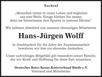 Traueranzeige von Hans-Jürgen Wolff  von Magdeburger Volksstimme