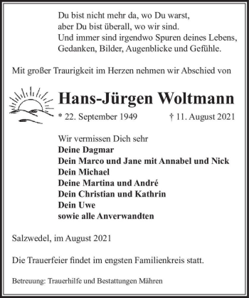 Traueranzeige von Hans-Jürgen Woltmann  von Magdeburger Volksstimme