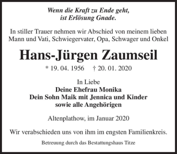 Traueranzeige von Hans-Jürgen Zaumseil  von Magdeburger Volksstimme