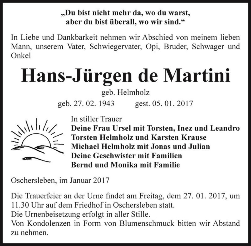  Traueranzeige für Hans-Jürgen de Martini (geb. Helmholz)  vom 21.01.2017 aus Magdeburger Volksstimme