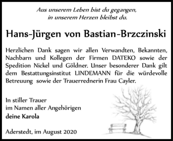 Traueranzeige von Hans-Jürgen von Bastian-Brzczinski  von Magdeburger Volksstimme