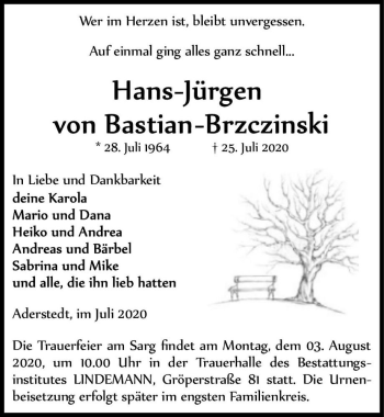 Traueranzeige von Hans-Jürgen von Bastian-Brzczinski  von Magdeburger Volksstimme