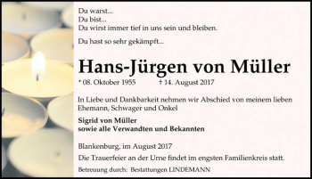 Traueranzeige von Hans-Jürgen von Müller  von Magdeburger Volksstimme