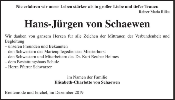 Traueranzeige von Hans-Jürgen von Schaewen  von Magdeburger Volksstimme