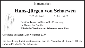Traueranzeige von Hans-Jürgen von Schwaewen  von Magdeburger Volksstimme