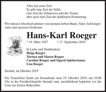 Traueranzeige von Hans-Karl Roeger  von Magdeburger Volksstimme
