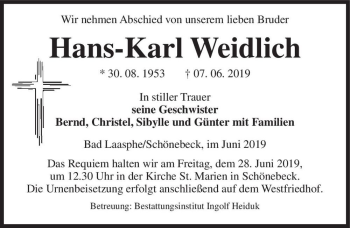 Traueranzeige von Hans-Karl Weidlich  von Magdeburger Volksstimme