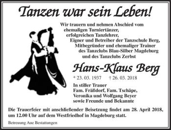 Traueranzeige von Hans-Klaus Berg  von Magdeburger Volksstimme
