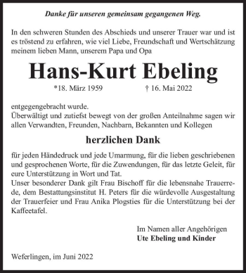 Traueranzeige von Hans - Kurt Ebeling  von Magdeburger Volksstimme