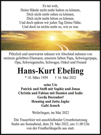 Traueranzeige von Hans-Kurt Ebeling  von Magdeburger Volksstimme