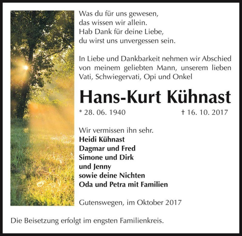  Traueranzeige für Hans-Kurt Kühnast  vom 21.10.2017 aus Magdeburger Volksstimme