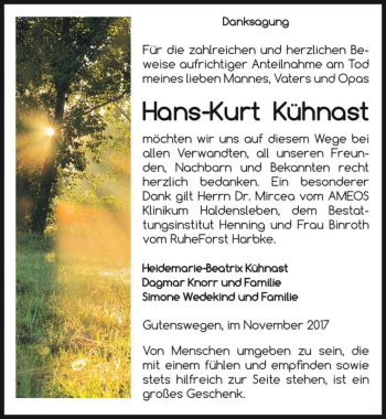 Traueranzeige von Hans-Kurt Kühnast  von Magdeburger Volksstimme